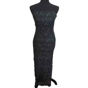Vintage 90s‎ Black Silver Metallic Maxi Dress Square Neck Sleeveless Side Slit